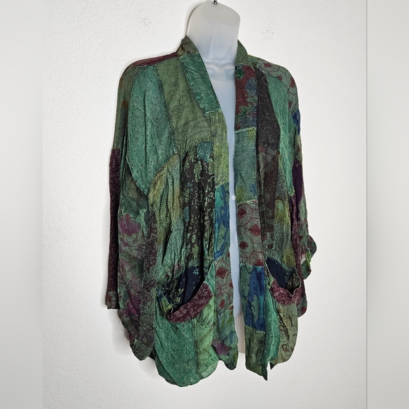 NWT Young Threads Multicolor Patchwork Semisheer Lightweight Kimono Jacket Basil - Picture 2 of 10